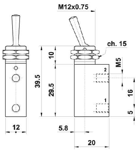 Microvalva Actionare Mecanica 3/2 NC Filet M5 Lateral prindere panou, Actionare Parghie corp extins