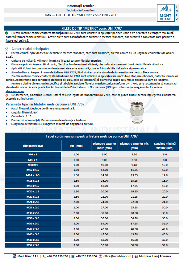 FILETE DE TIP “METRIC” conic UNI 7707