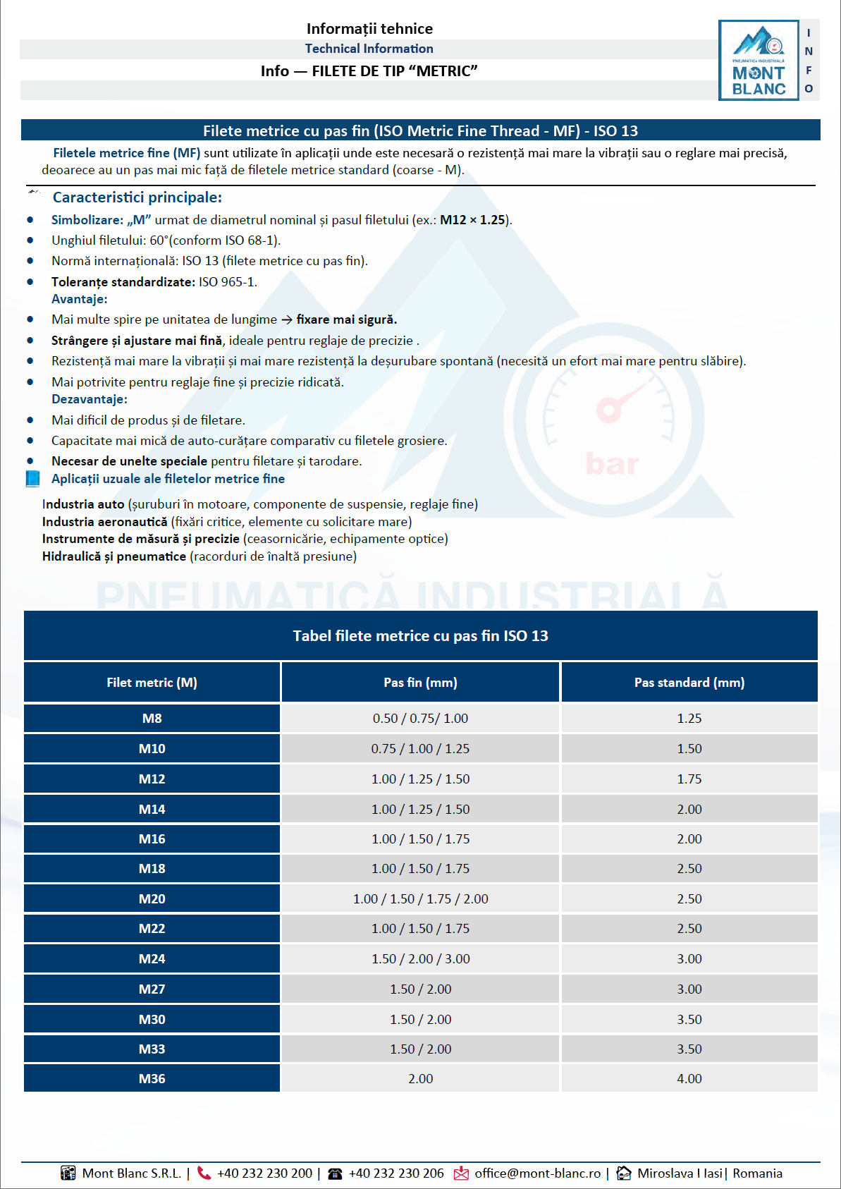 Filete metrice cu pas fin (ISO Metric Fine Thread - MF) - ISO 13