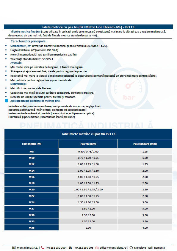 Filete metrice cu pas fin (ISO Metric Fine Thread - MF) - ISO 13